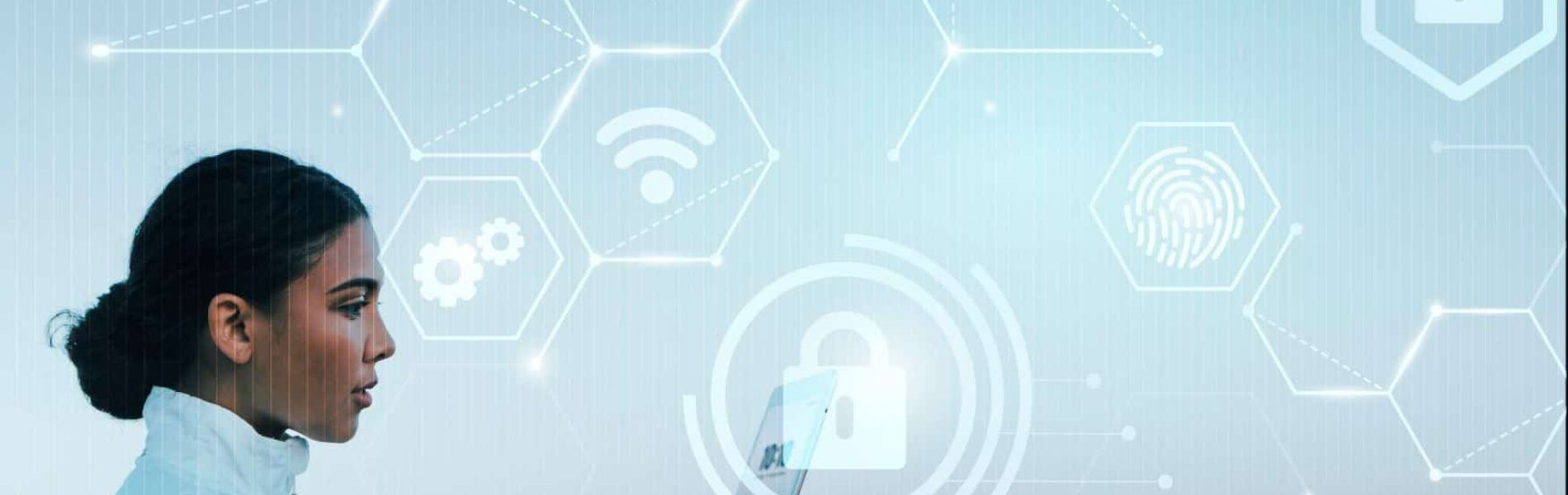 Woman using a smartphone with digital security icons in the background.